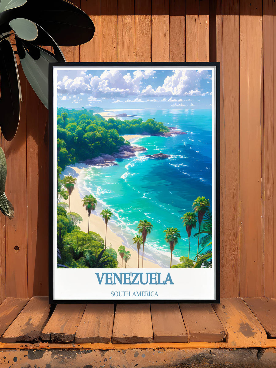 Modern wall decor of Morrocoy, showcasing the vibrant blues and greens of the beaches and mangroves, perfect for a stylish and adventurous home decor.