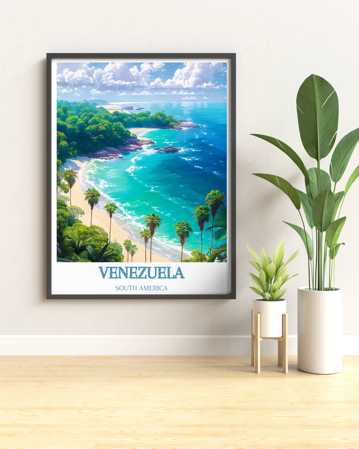 Vintage travel poster of Morrocoy National Park, capturing the serene beauty of Venezuelas tropical haven with its crystal clear waters and verdant mangroves.