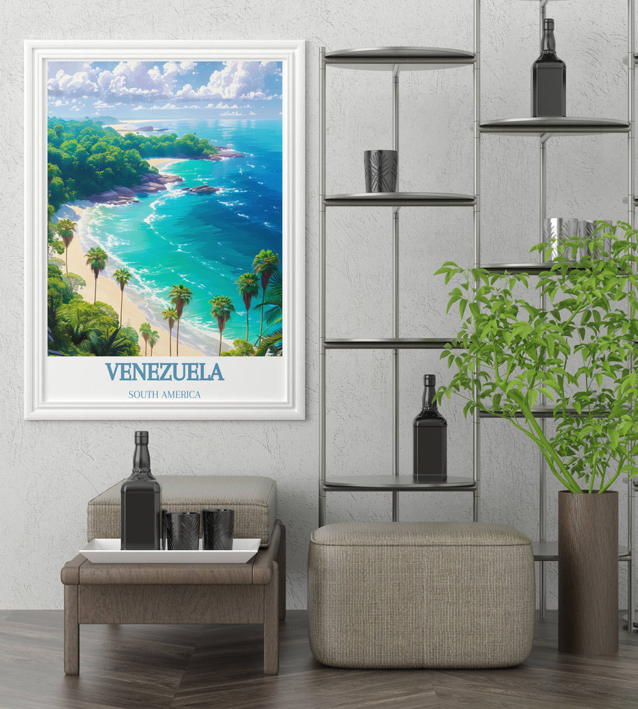 Retro travel poster of Morrocoy, designed with a nostalgic aesthetic, bringing a timeless charm to your home decor while showcasing Venezuelas coastal paradise.