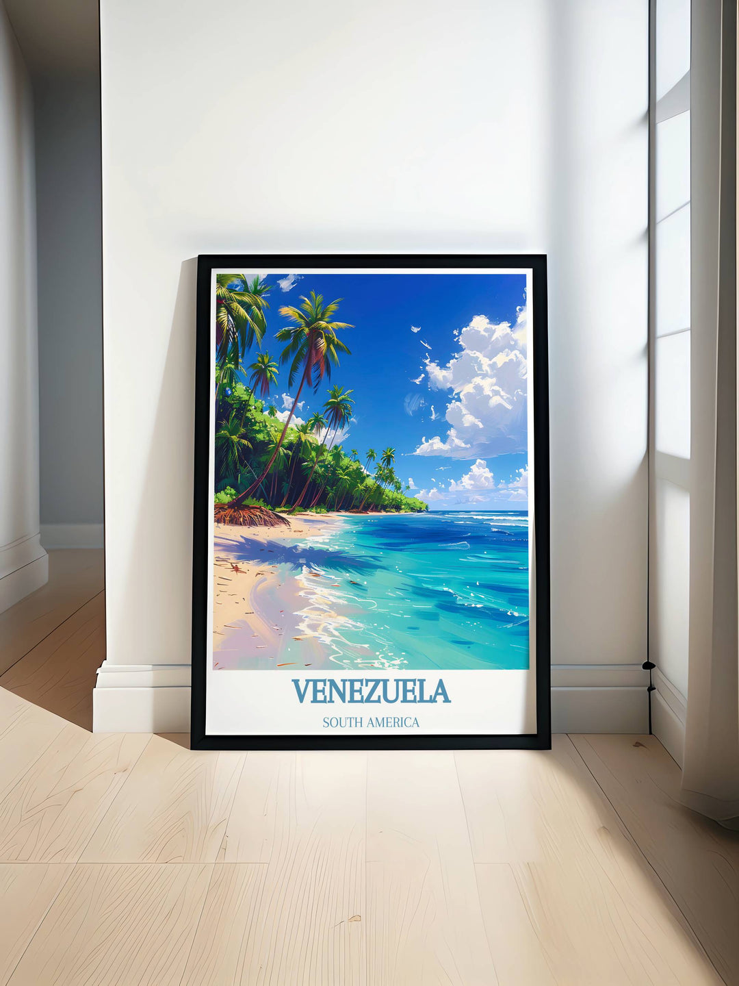 Detailed illustration of Morrocoy National Parks crystal clear waters and vibrant coral reefs, capturing the essence of Venezuelas coastal beauty.