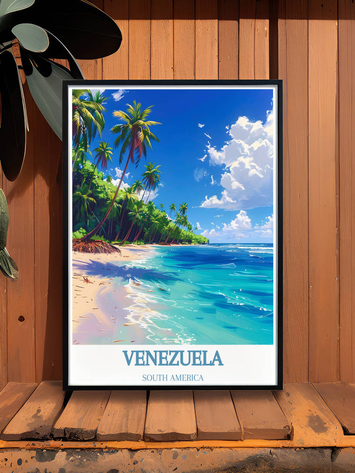 Retro travel poster of Venezuelas Morrocoy National Park, featuring serene beaches and vibrant coral reefs.