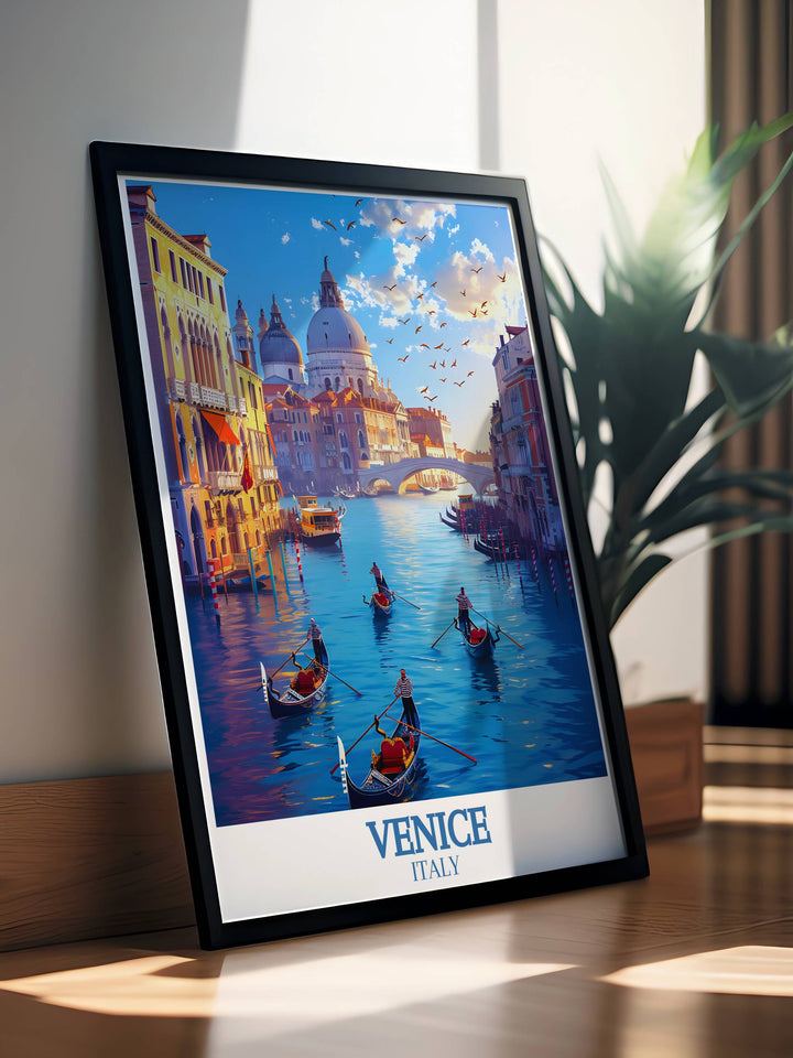 Stunning Venice travel print depicting the serene beauty of the Grand Canal, with gondolas gliding through the waterways and historic buildings along the canal, perfect for those who appreciate the elegance and charm of Venice.