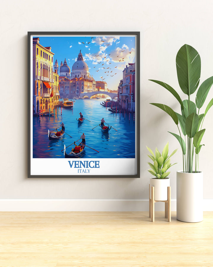 Captivating Venice vintage poster illustrating the romantic ambiance of the citys canals, with iconic views such as the Rialto Bridge and the Bridge of Sighs, perfect for those who love the enchanting atmosphere of Venice.