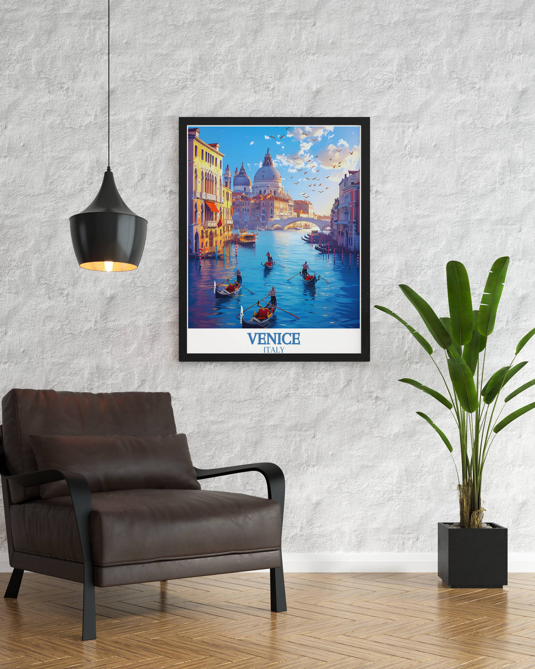 Beautiful travel poster of Venices Grand Canal, highlighting the picturesque scenery and iconic landmarks, such as the Rialto Bridge, evoking the charm and romance of this magical city, ideal for creating a sophisticated gallery wall.