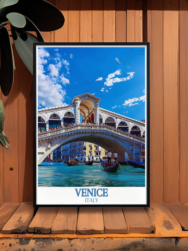 Italy travel poster highlighting the charm and elegance of Venices famous landmarks including the Rialto Bridge