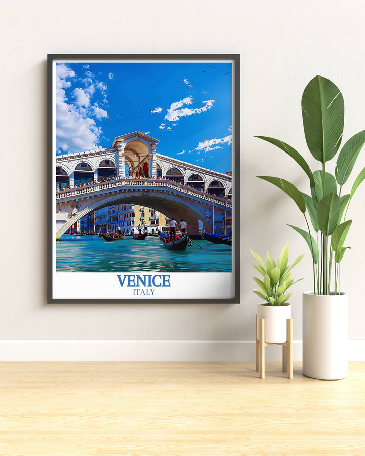 Italy prints capturing the beauty of Venice with detailed artwork of the Rialto Bridge and its surrounding architecture