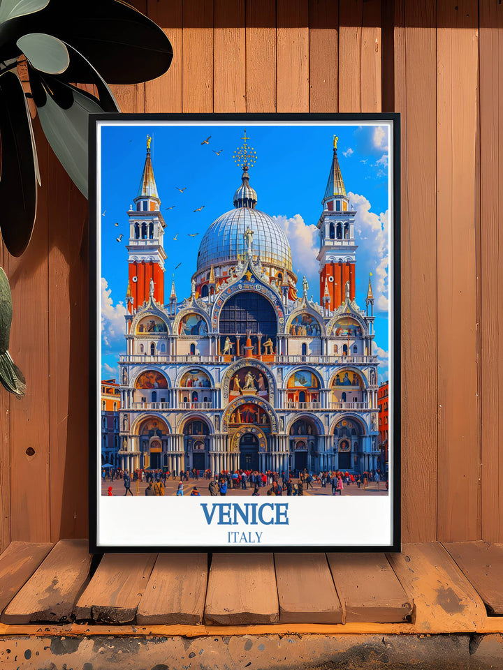 Detailed Venice travel poster showcasing the architectural marvels and scenic beauty of Italys floating city, including the Grand Canal and Rialto Bridge, perfect for adding a touch of European charm and sophistication to your living space.