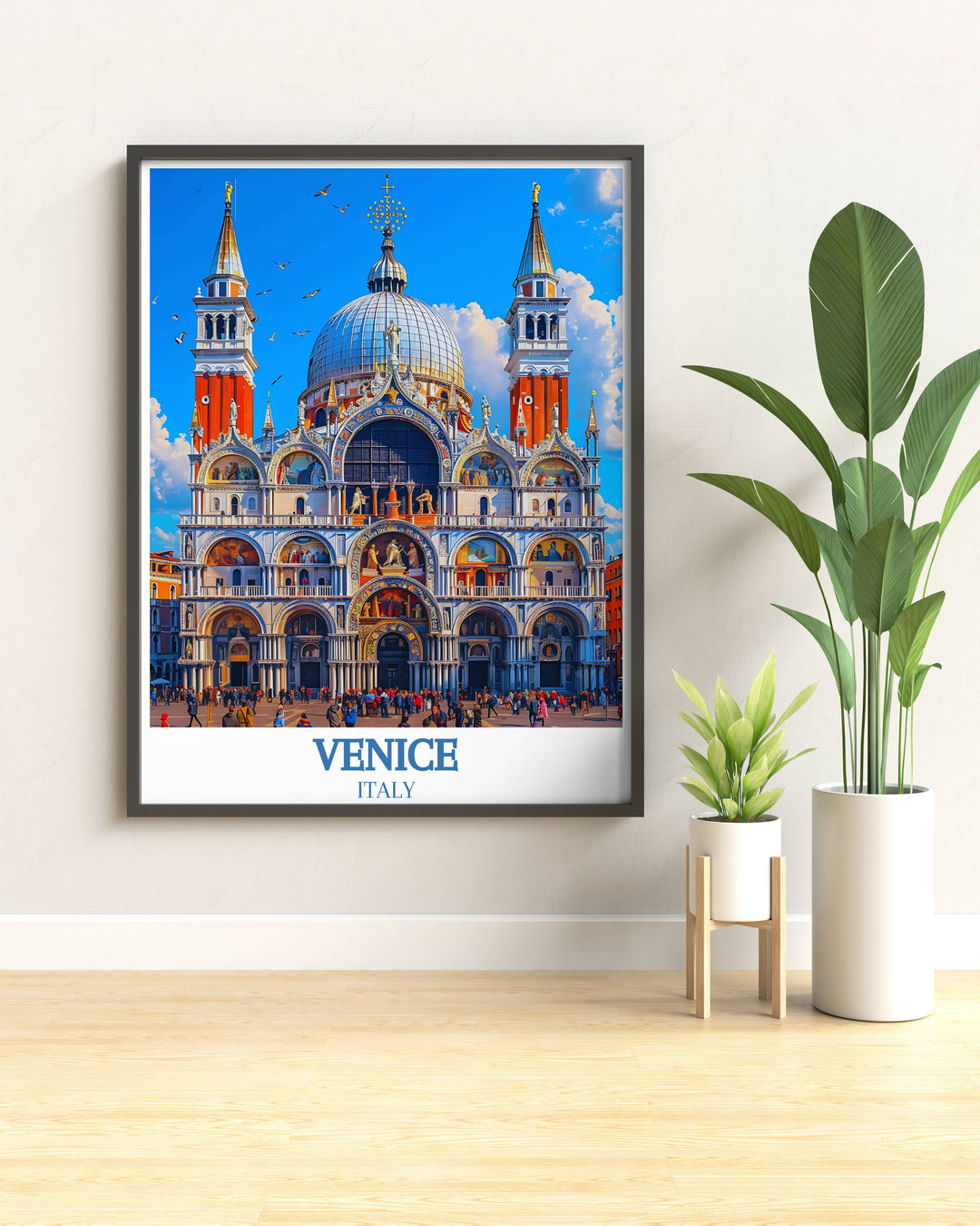 Vibrant Venice travel print depicting the picturesque canals and historic architecture, including St. Marks Basilica, bringing the beauty and ambiance of Italys most romantic city into your home, perfect for art and travel enthusiasts.