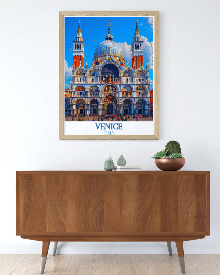 Captivating canvas art of St. Marks Basilica highlighting the intricate details and historical charm of the Byzantine architecture, ideal for those who appreciate architectural wonders and seek to enhance their living space with Italian elegance.