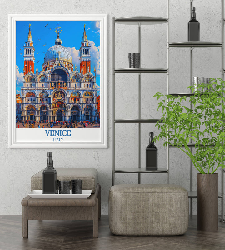 Beautiful Italy travel poster featuring the iconic Rialto Bridge and the bustling Grand Canal, showcasing the unique blend of history and romance that defines Venice, perfect for inspiring wanderlust and adding a touch of Italy to your home decor.