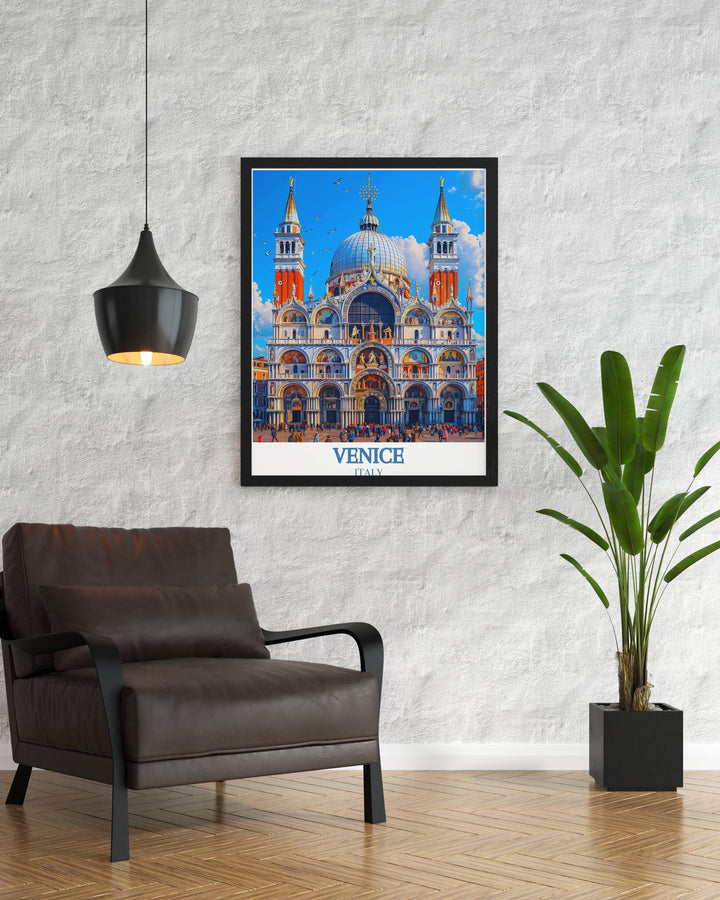 Elegant framed print of St. Marks Basilica, capturing the grandeur and artistic beauty of this famous Venetian landmark, with detailed illustrations that bring the historical significance and cultural heritage of Venice to life in your home.