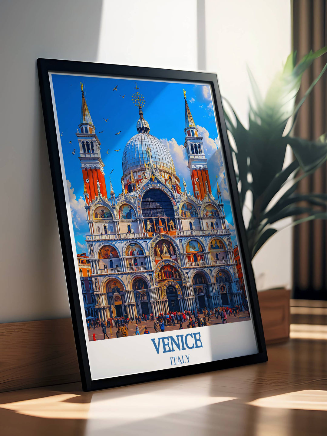 Venice canal gondola print depicting the tranquil waterways and iconic gondolas, with St. Marks Basilica in the distance, offering a romantic and picturesque view of Venice, ideal for creating a serene and inspiring atmosphere in any room.