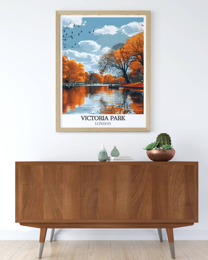 East London wall art highlighting the scenic paths and charming pavilions of Victoria Park bringing a piece of Londons heritage into your space.