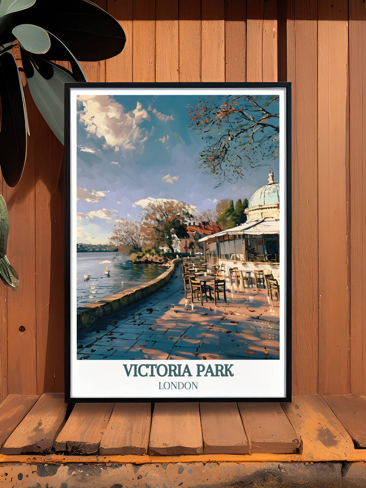 London vintage posters showcasing the vibrant colors and intricate details of Victoria Park bringing the beauty of East London into your home.