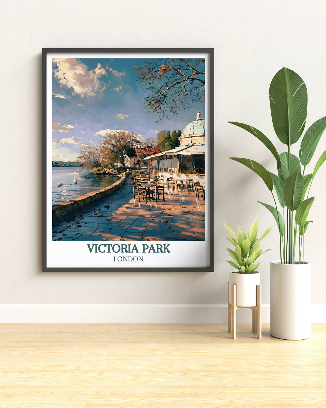 Victoria Park print capturing the iconic features of Londons beloved park from historic fountains to vibrant flower gardens.