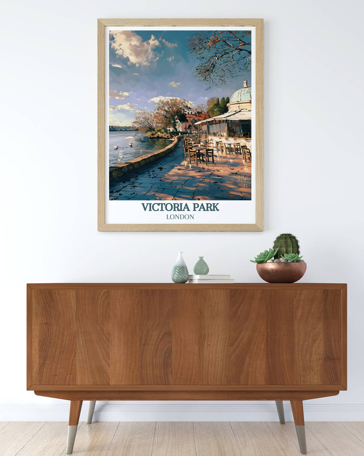 East London wall art highlighting the scenic pathways and charming pavilions of Victoria Park bringing a piece of Londons heritage into your home.