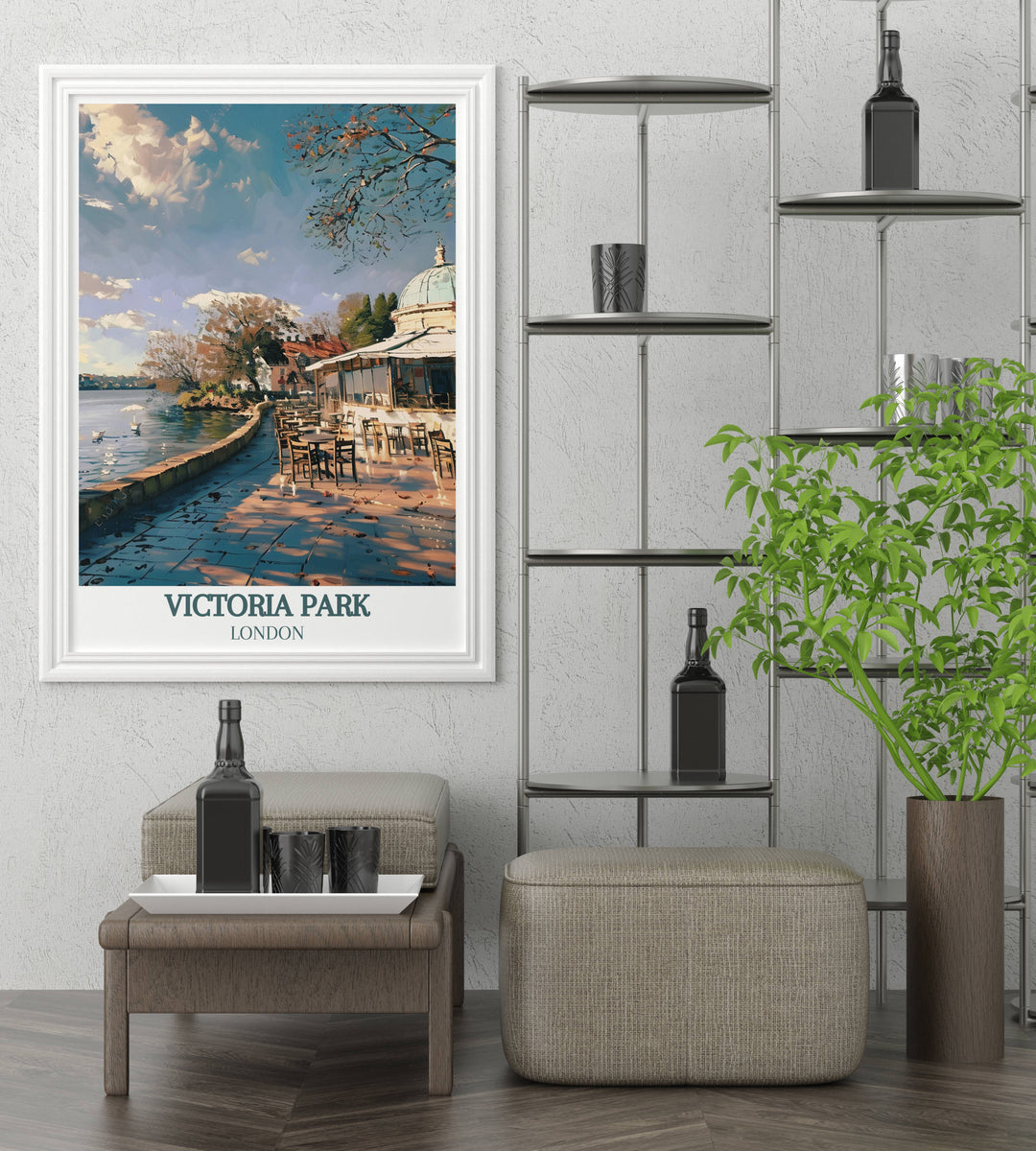 Victoria Park London travel poster featuring picturesque surroundings and tranquil waters ideal for art enthusiasts and travel lovers.