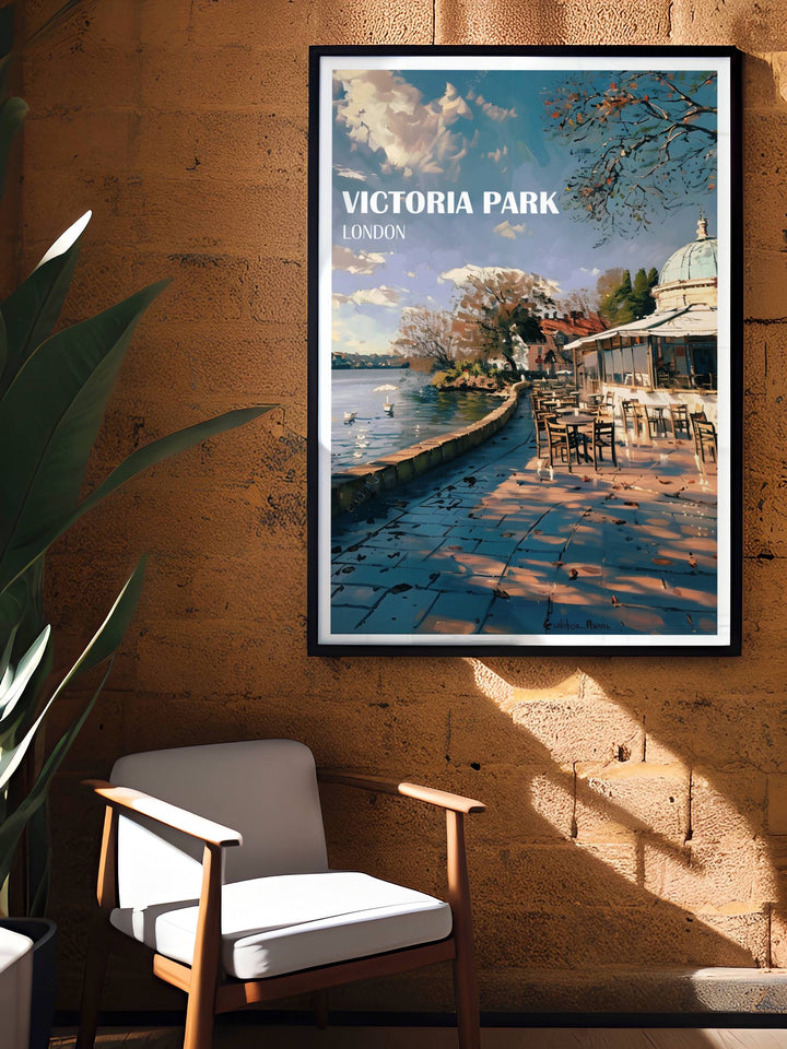 Gallery wall art of The Pavillion Café in Victoria Park, celebrating the tranquility and charm of East Londons iconic green space.