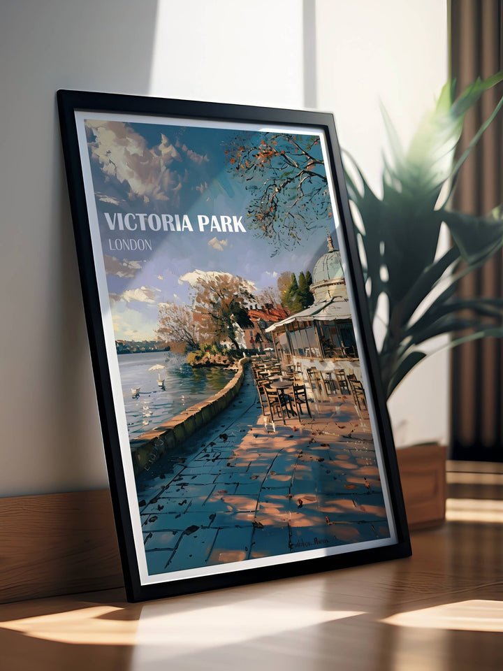 Vintage travel print of The Pavillion Café in Victoria Park, perfect for showcasing the timeless beauty of this historic location.