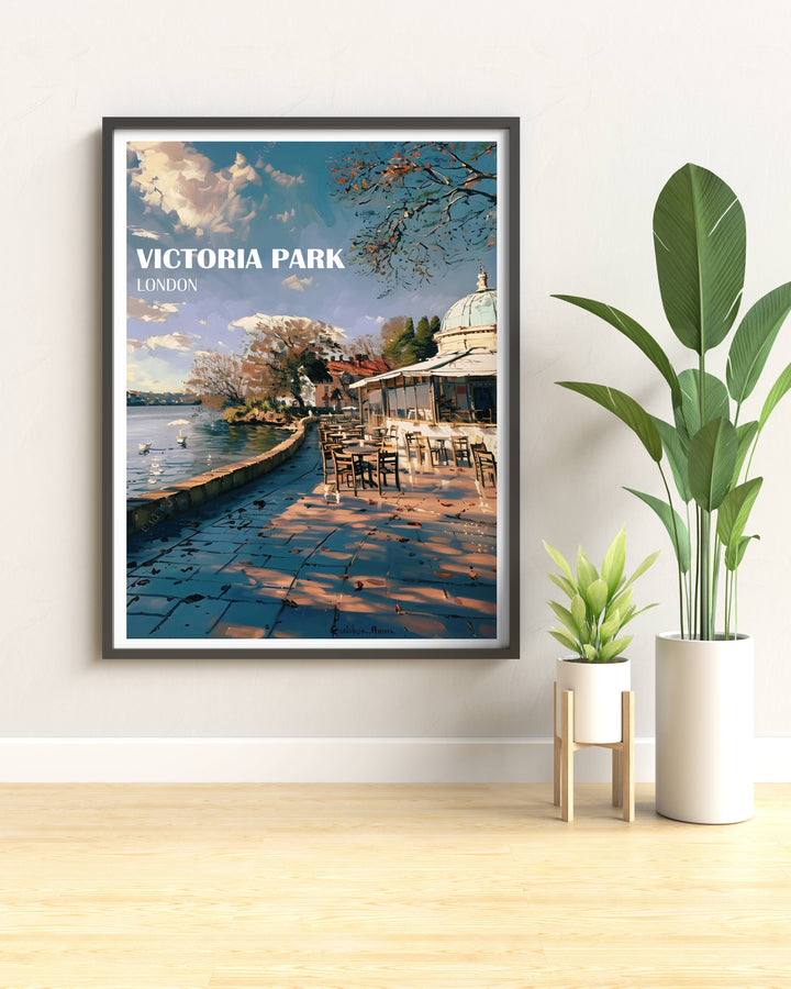 Framed art print of The Pavillion Café in Victoria Park, showcasing the serene beauty and historic charm of this iconic East London spot.