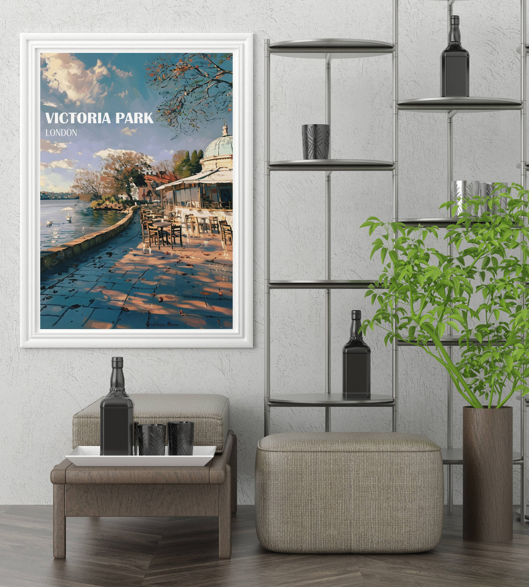Custom print of Victoria Parks The Pavillion Café, ideal for adding a touch of Londons elegance to your home decor.