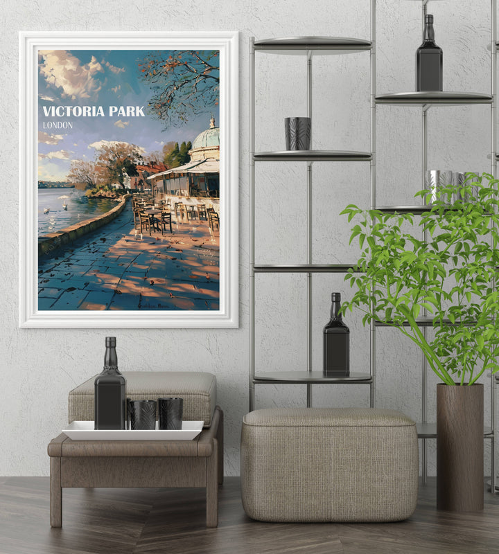 Custom print of Victoria Parks The Pavillion Café, ideal for adding a touch of Londons elegance to your home decor.