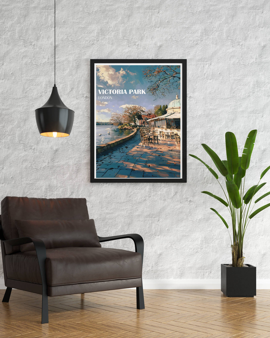 Scenic poster of The Pavillion Café in Victoria Park, capturing the picturesque landscapes and serene ambiance of East Londons cherished park.