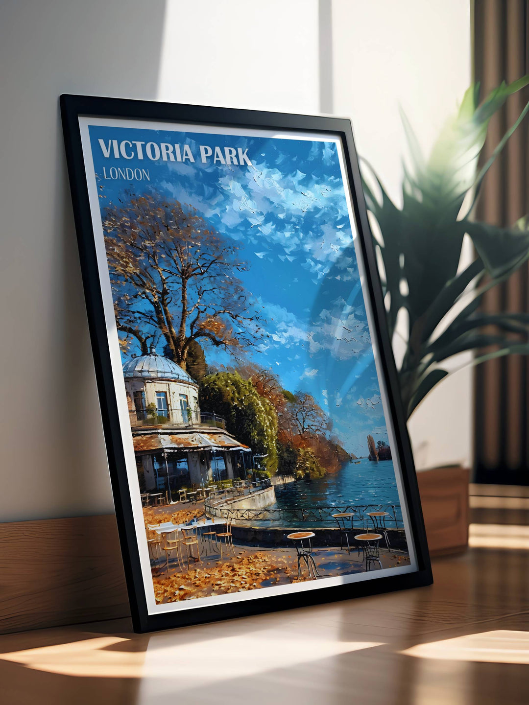 Art print of Victoria Park, focusing on the beauty of the Pavilion Café and its surrounding landscapes, perfect for nature enthusiasts.