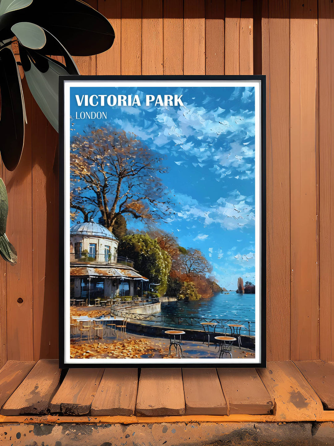 Travel poster of Victoria Park featuring the Pavilion Café, bringing the charm and tranquility of this iconic park into your home.
