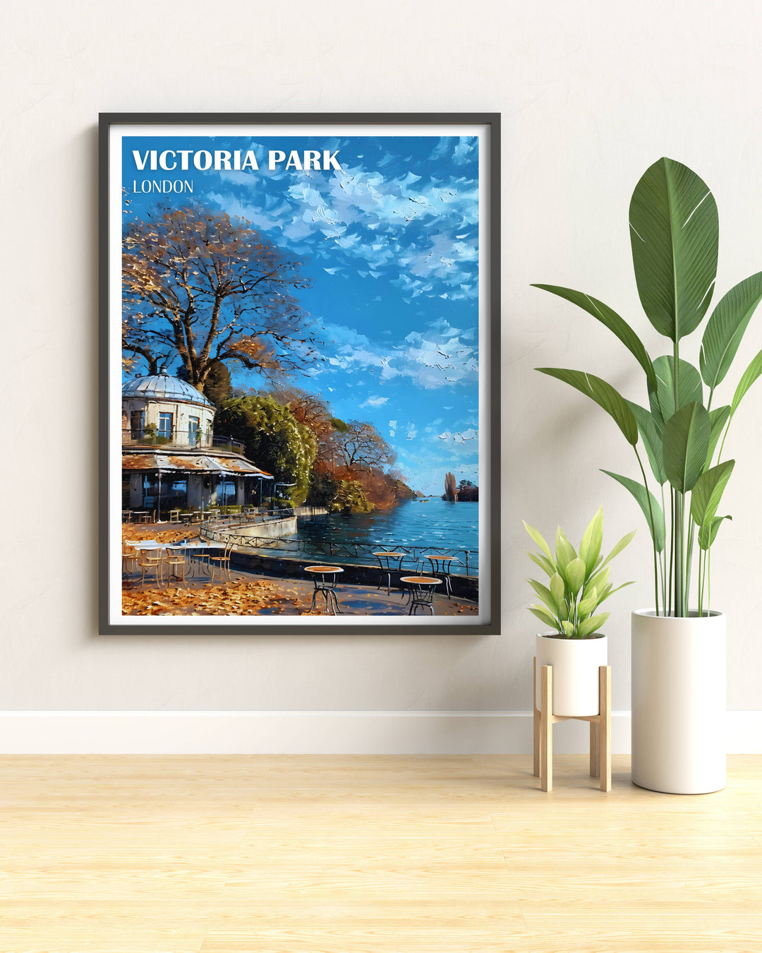 Vintage poster of Victoria Park featuring the Pavilion Café, designed with a retro aesthetic to bring a timeless charm to your home decor.