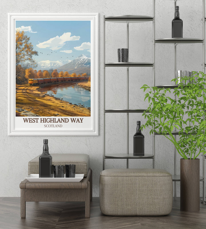 Scenic art print of the Scottish Highlands, highlighting the majestic peaks, serene lochs, and wild beauty of the Western Highland Way and Rannoch Moor.