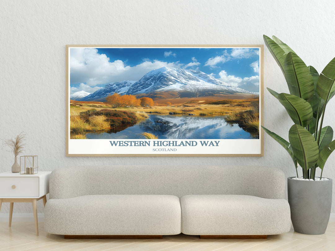 Detailed artwork of Buachaille Etive Mor, portraying the dramatic landscapes of the West Highland Way, ideal for lovers of Scotlands natural beauty.