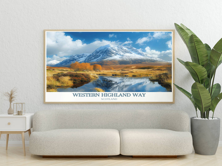 Detailed artwork of Buachaille Etive Mor, portraying the dramatic landscapes of the West Highland Way, ideal for lovers of Scotlands natural beauty.