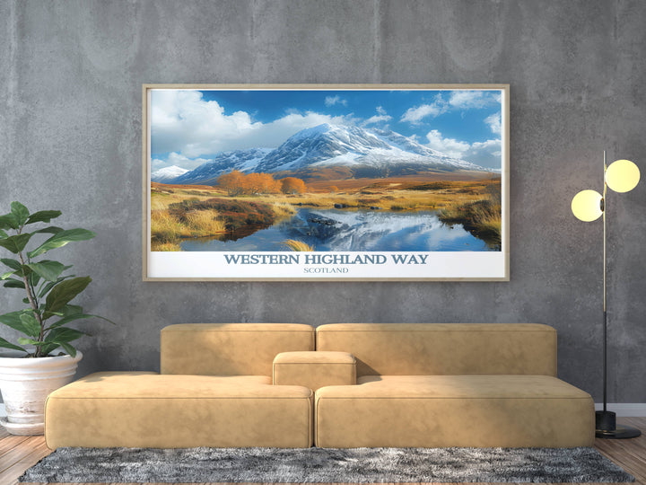 Modern wall art of Buachaille Etive Mor, showcasing the stunning contrast between the mountains slopes and the lush valleys below.