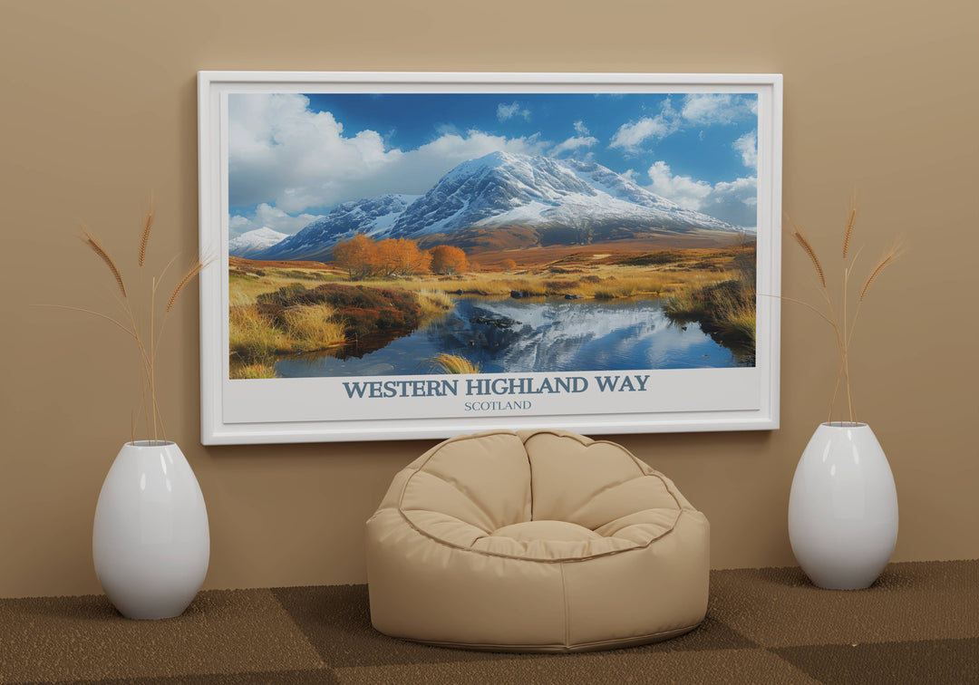 Buachaille Etive Mor art piece, perfect for gallery walls, offering a glimpse into the heart of Scotlands famous West Highland Way.