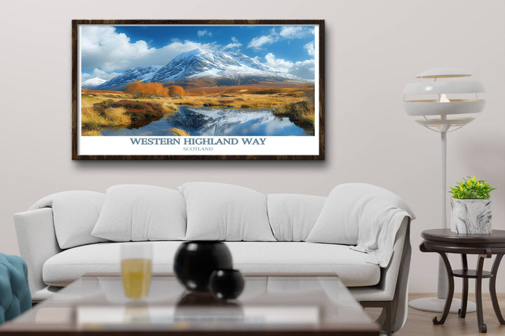 Beautifully detailed poster of Buachaille Etive Mor, ideal for art collectors, highlighting the natural grandeur of the Scottish Highlands.