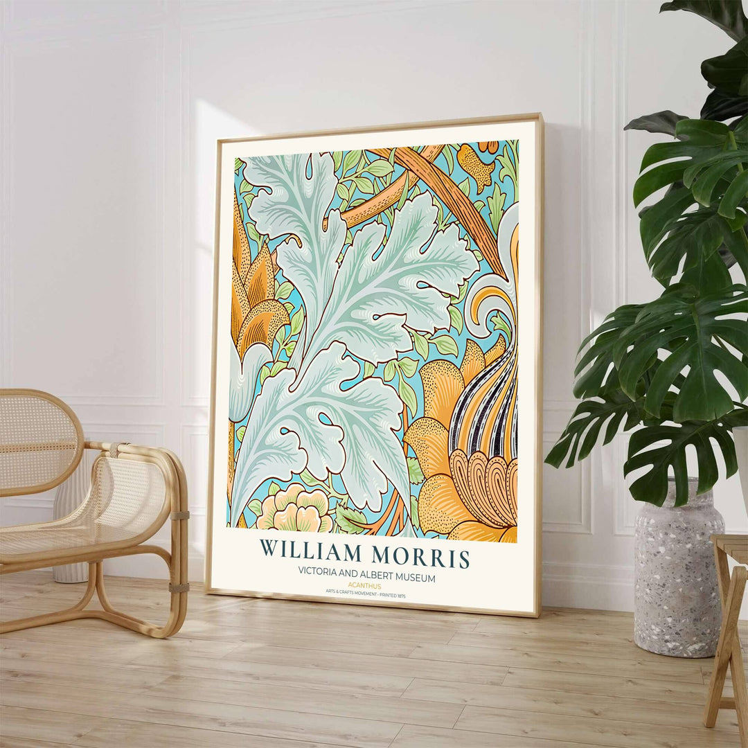 Archival William Morris Acanthus leaf print featuring classic Arts and Crafts movement textile graphics, printed with vivid archival inks on premium paper for museum quality gallery displays.