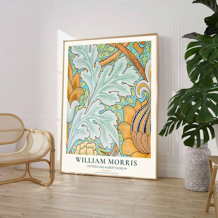Archival William Morris Acanthus leaf print featuring classic Arts and Crafts movement textile graphics, printed with vivid archival inks on premium paper for museum quality gallery displays.