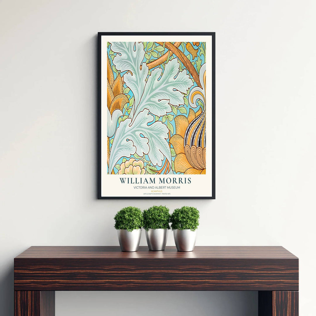 Fine art print showcasing the dramatic botanical scrollwork of William Morris Acanthus, offering a dynamic aesthetic with leafy greens and yellow flourishes for living room decor.