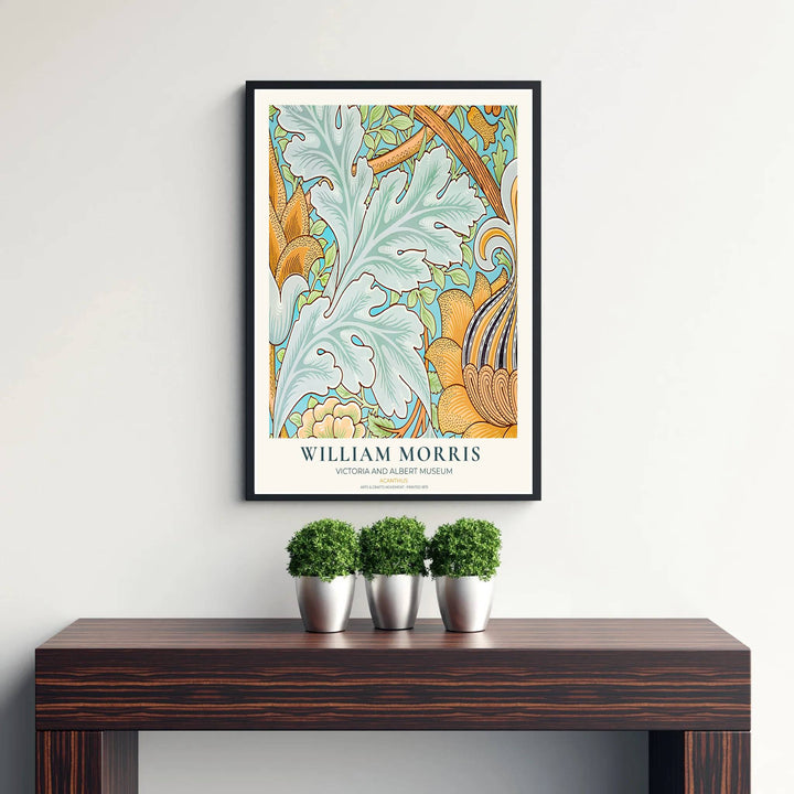 Fine art print showcasing the dramatic botanical scrollwork of William Morris Acanthus, offering a dynamic aesthetic with leafy greens and yellow flourishes for living room decor.