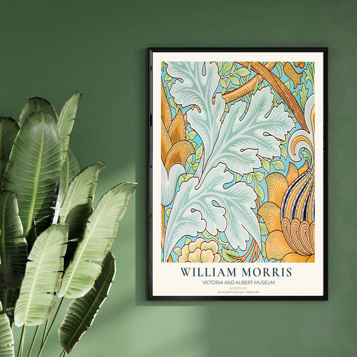 Modern decorative floral print of William Morris Acanthus featuring detailed acanthus leaves and golden yellow background patterns, ideal for contemporary wall decoration and light filled living areas.