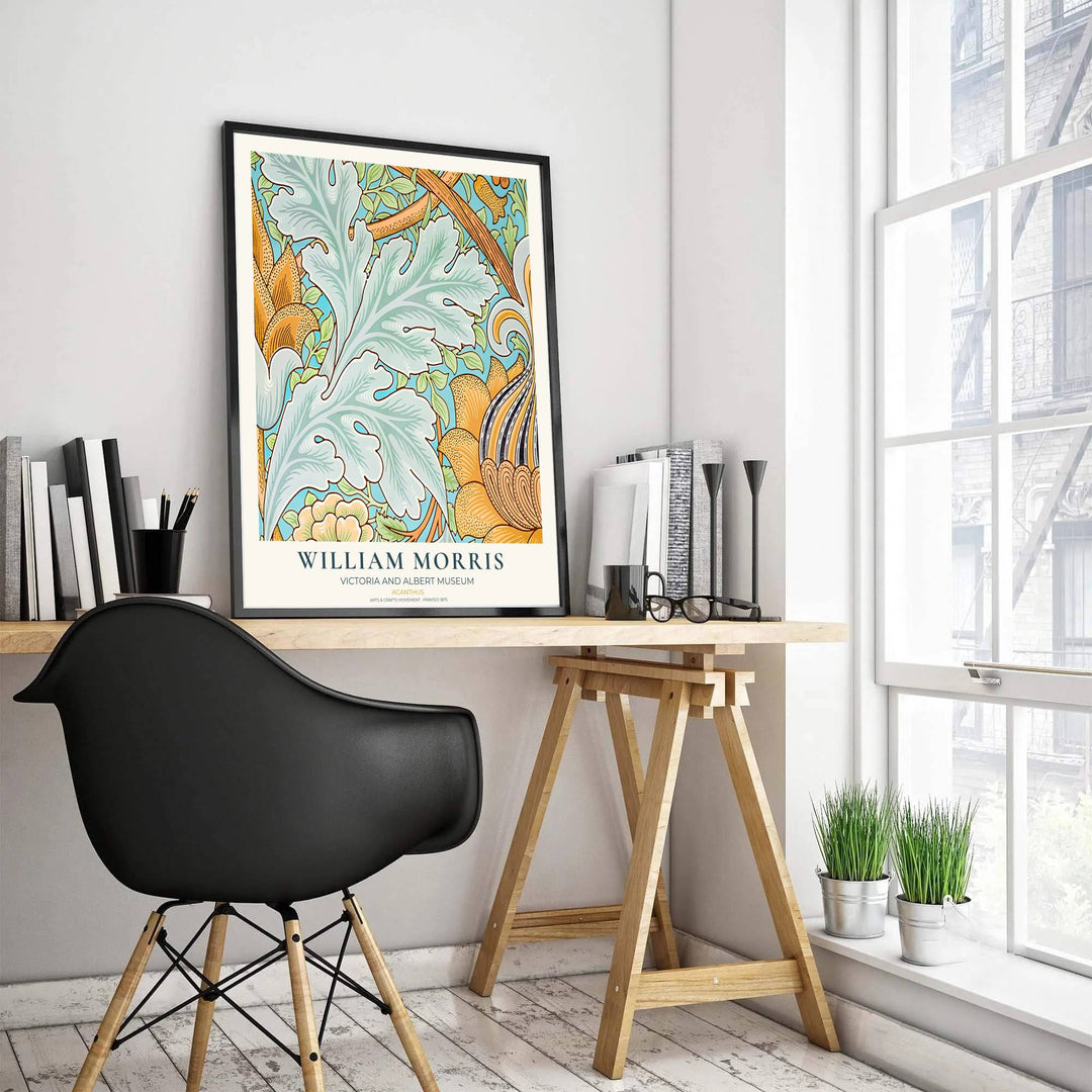 Vintage floral artwork print of William Morris Acanthus, providing a striking touch to classic European, Victorian, and mid century home interior themes with rich organic foliage patterns.