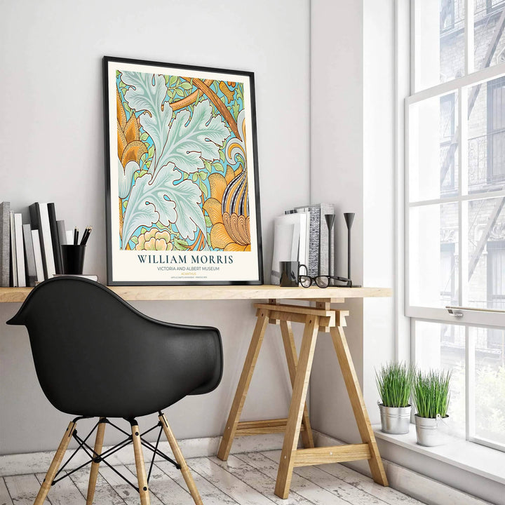 Vintage floral artwork print of William Morris Acanthus, providing a striking touch to classic European, Victorian, and mid century home interior themes with rich organic foliage patterns.