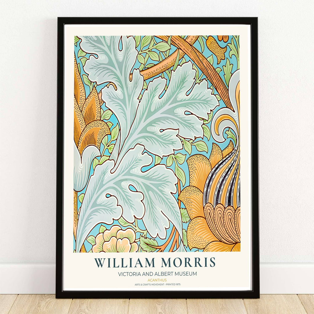 High quality William Morris Acanthus blue and yellow leaf print displaying large scrolling sage leaves and ochre botanical details perfect for vibrant living room wall decor.