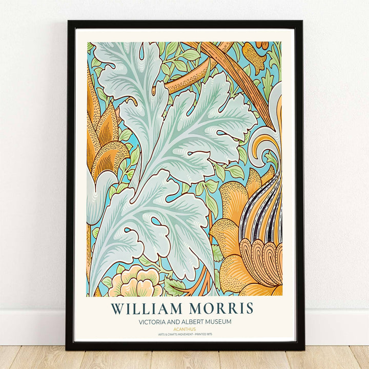 High quality William Morris Acanthus blue and yellow leaf print displaying large scrolling sage leaves and ochre botanical details perfect for vibrant living room wall decor.