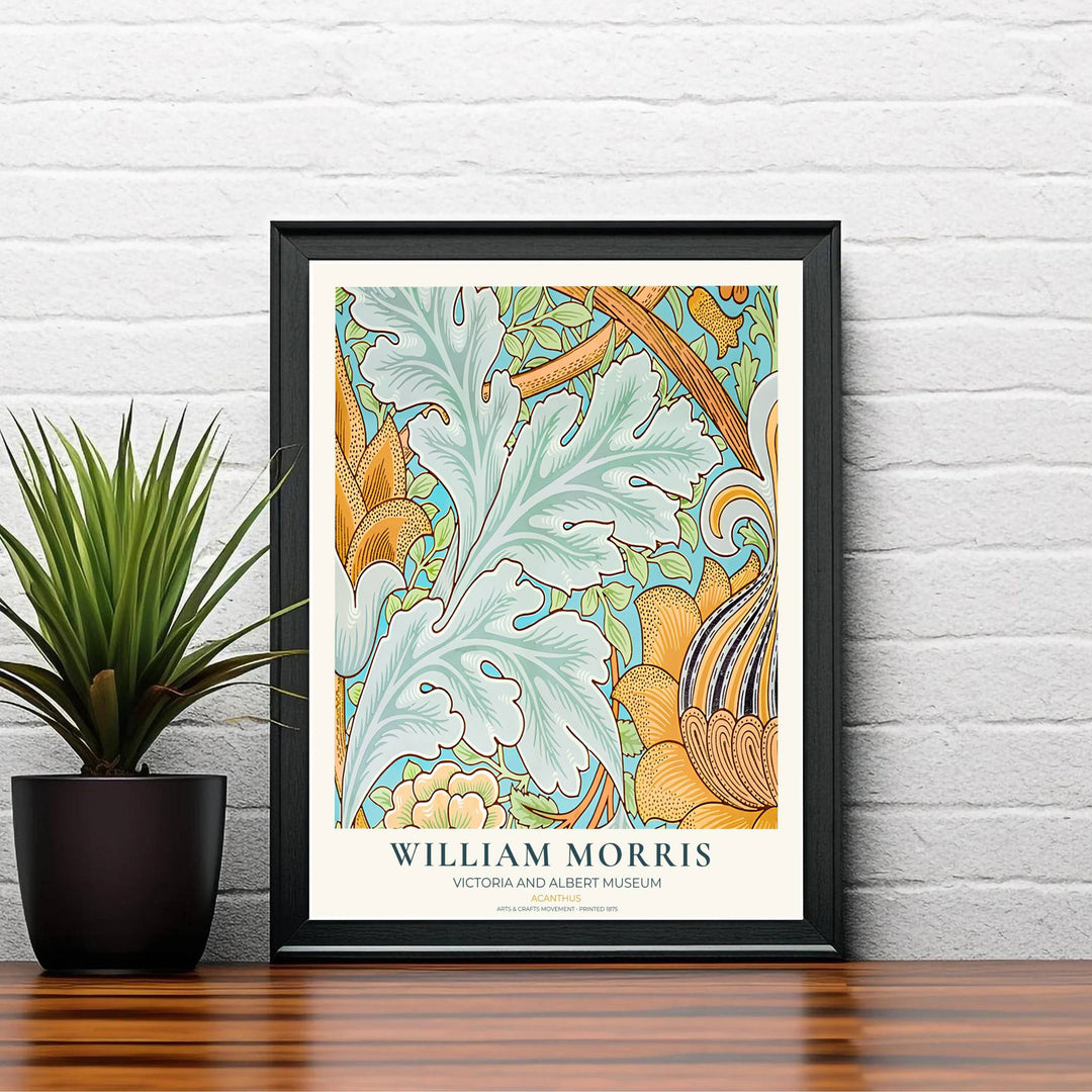 Sophisticated William Morris Acanthus floral poster print, designed to coordinate with colorful home accents, blue tones, and energetic botanical wall art gallery layout compositions.