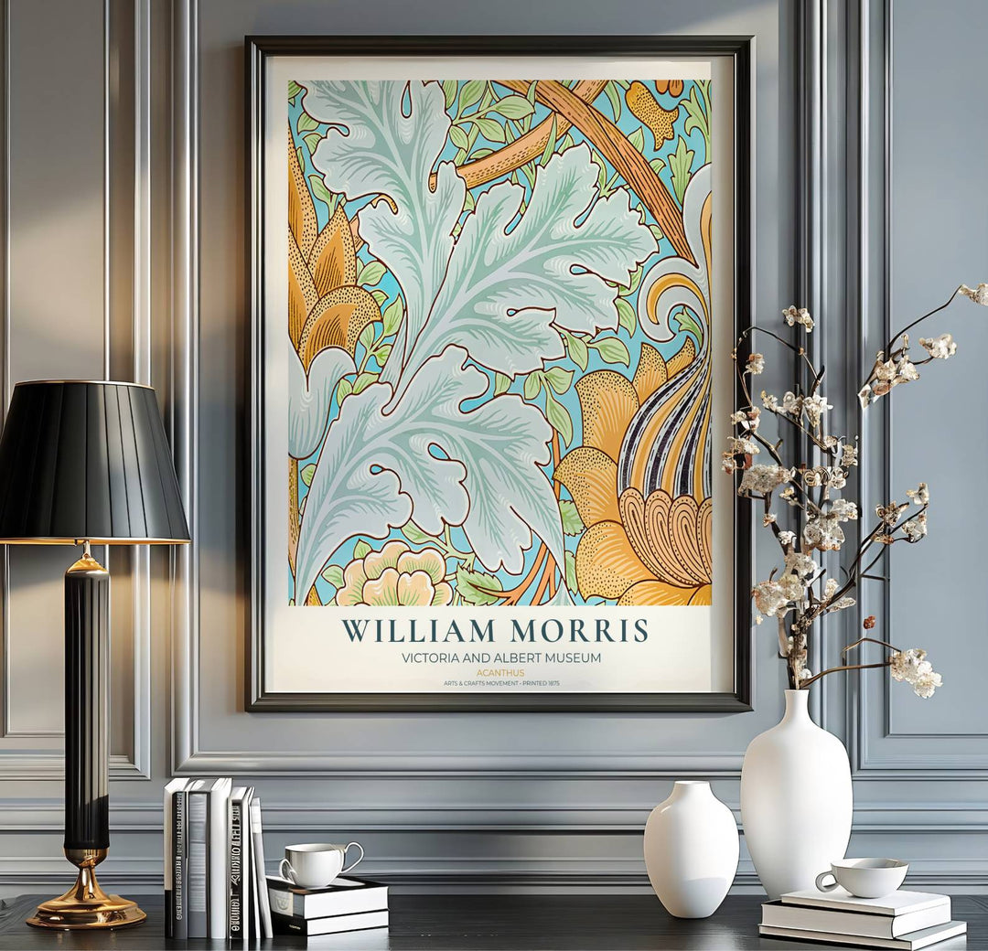 Elegant William Morris floral print capturing an 1875 vintage exhibition design with pale blue acanthus foliage and warm yellow accents to enhance traditional or modern home interior design.