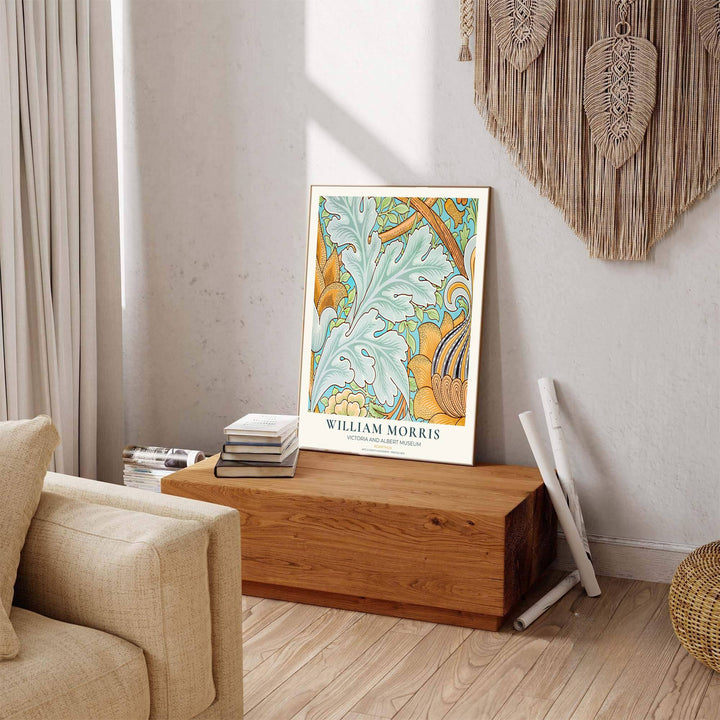 Timeless William Morris Acanthus botanical art print, combining fluid vintage movement with historic exhibition typography elements to suit versatile living room and bedroom interior decorating themes.