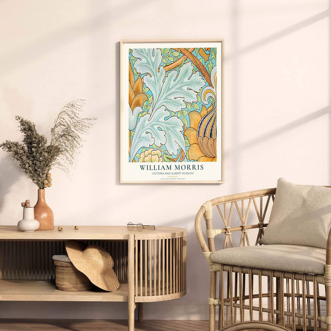 Detailed botanical illustration print displaying the cascading acanthus leaves and yellow floral tendrils of William Morris, perfect for energetic wall arrangements and modern gallery collections.