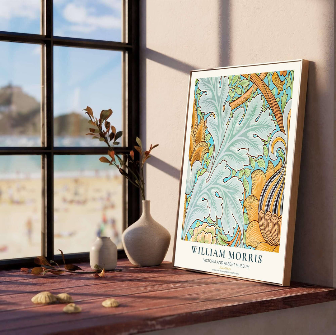 High definition graphic print of the renowned Acanthus design by William Morris, showcasing lush foliage details and vibrant blue and yellow tones for lasting aesthetic appeal in home spaces.